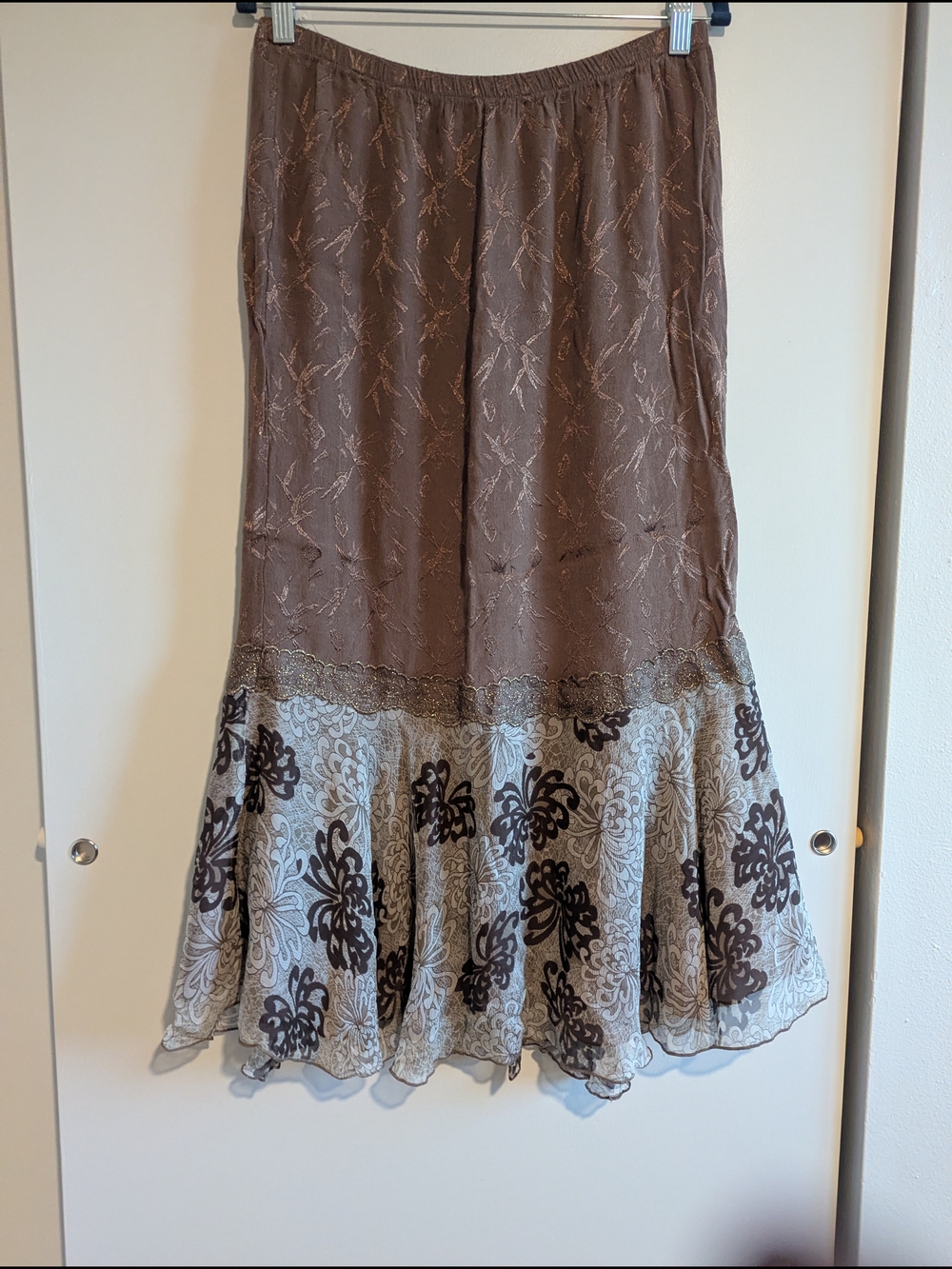 Violet Kay Vintage Fairy Chocolate Brown Floral Silk Lace Trim Midi Skirt L